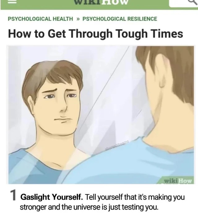 A meme of a man standing in a mirror. The header reads "How to Get Through Tough Times" followed by
1. Gaslight Yourself. Tell yourself that it's making you stronger and the universe is just testing you.