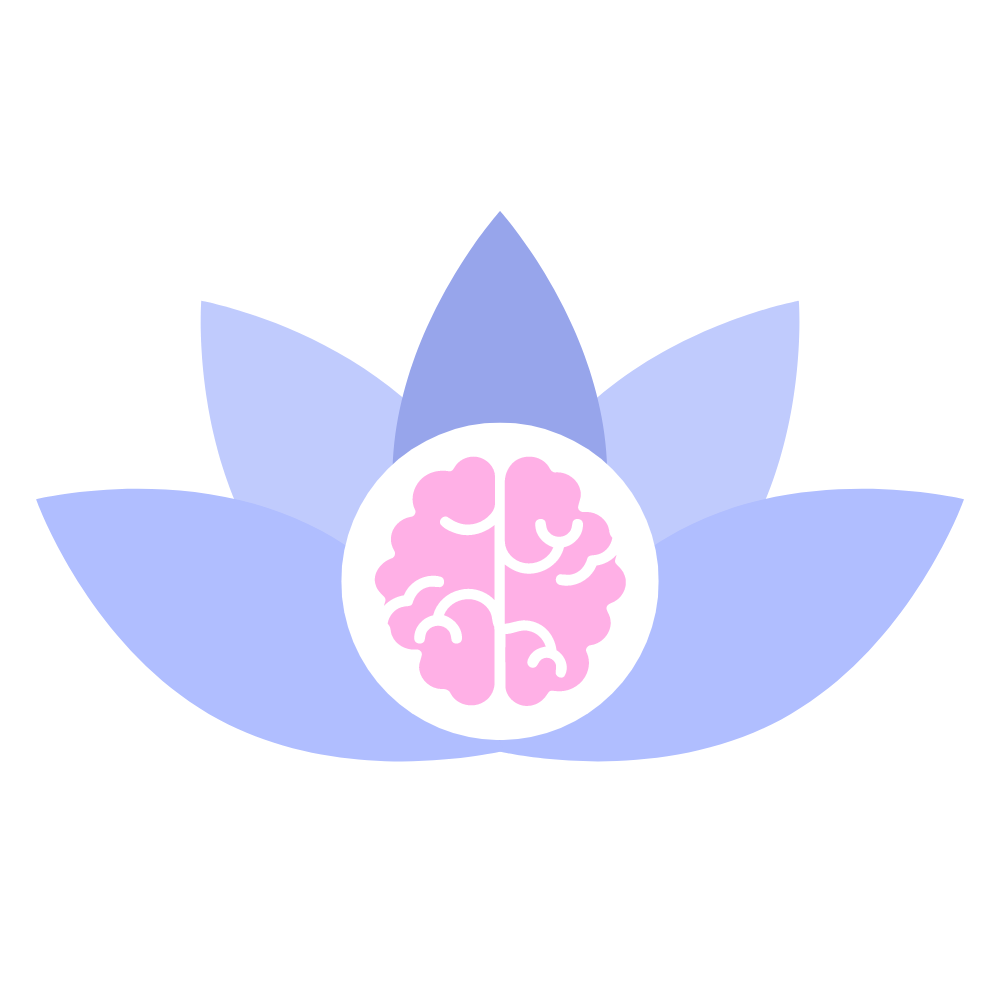 A simple icon of a purple lotus with a birds-eye view graphic of a pink brain in the centre. These images represent a growth mindset.