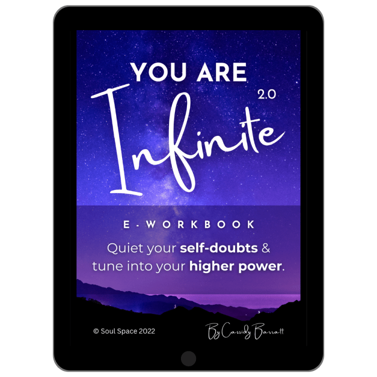An ebook cover called "you are infinite. quiet your self-doubt and tune into your higher power". Shown on an ipad.