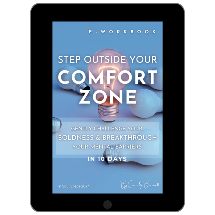 An ipad with an e-book cover titled "STEP OUTSIDE YOUR COMFORT ZONE". Gently challenge your boldness & breakthrough your mental barriers.
